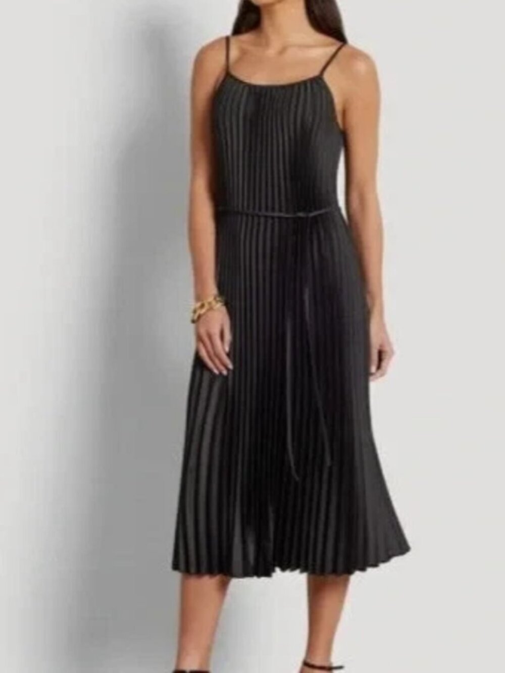 Sam Edelman Black Pleated Scoop Neck Adjustable Strap Midi Slip Dress - Lg